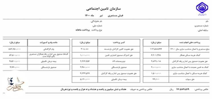 جدول فیش حقوقی تامین اجتماعی